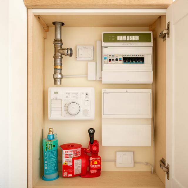 Bright Irish utility cupboard with stopcock, fuse board and labelled household safety controls